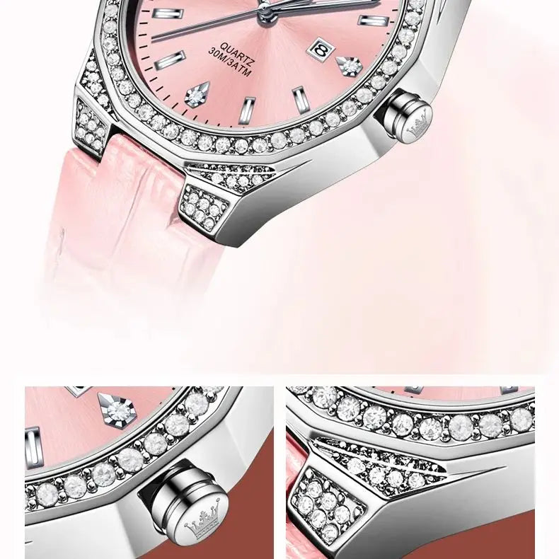 OLEVS 5606 Women's Watches Pink Watch Girl for Women Leather Strap Waterproof Full Diamond Bezel Elegant Ladies' Watches NEW - Uknowucme