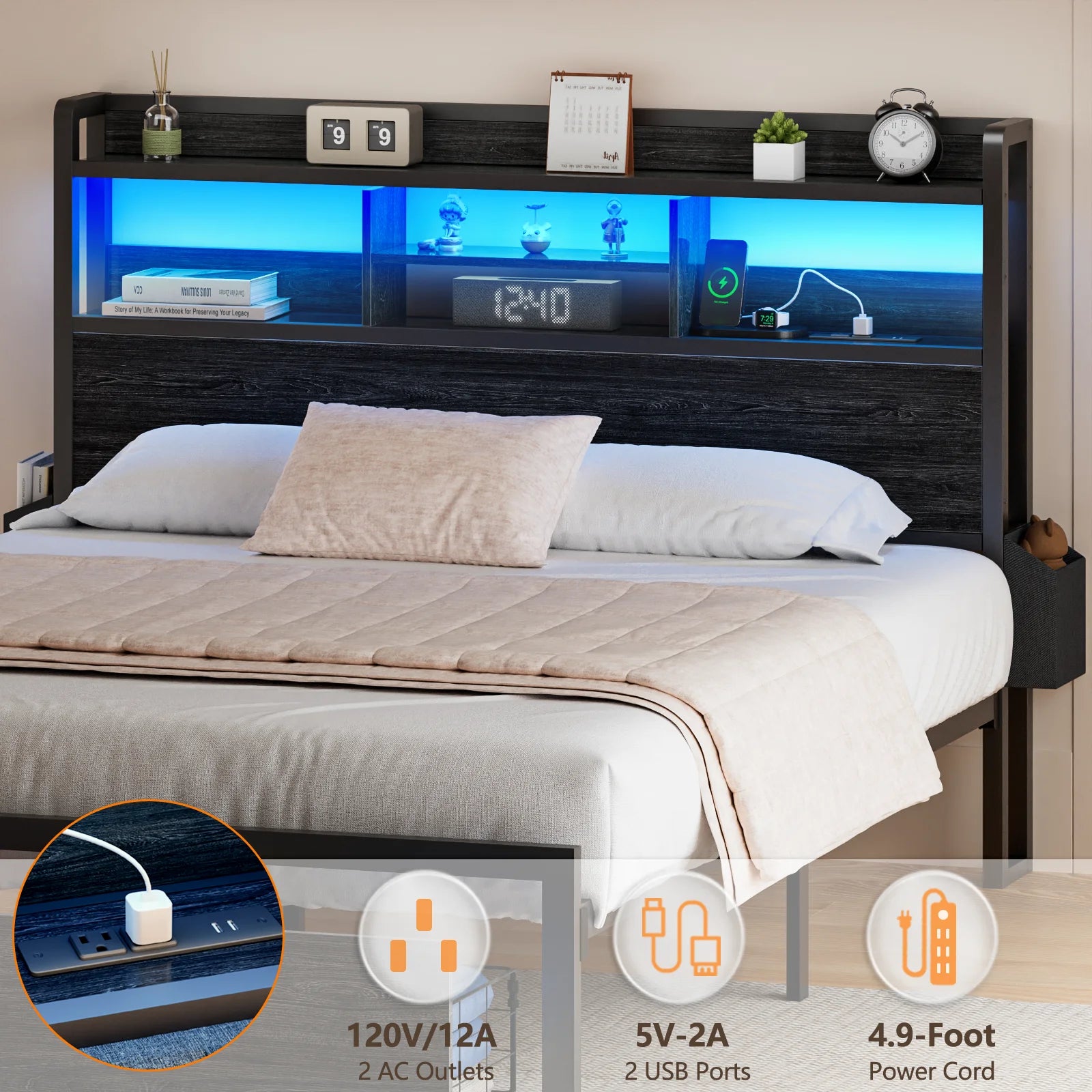 Full/Queen Size Bed Frame with Storage Headboard, Metal Platform Bed Frame with Storage Drawers, LED Lights and Charging Station - Uknowucme