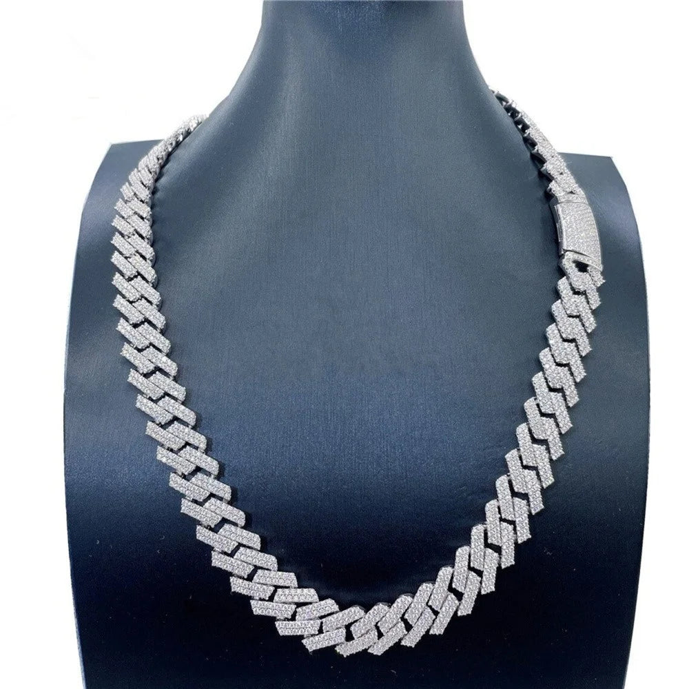 High Quality Buss Dowm 12mm 925 Silver 2 Rows Moissanite Iced Out Moissanite Cuban Link Chain Necklace