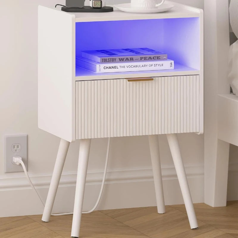 Nightstand Modern Bedside Table Charging Station And LED Lights Night Stand Storage Drawer Solid Wood Legs Organizer Vanity
