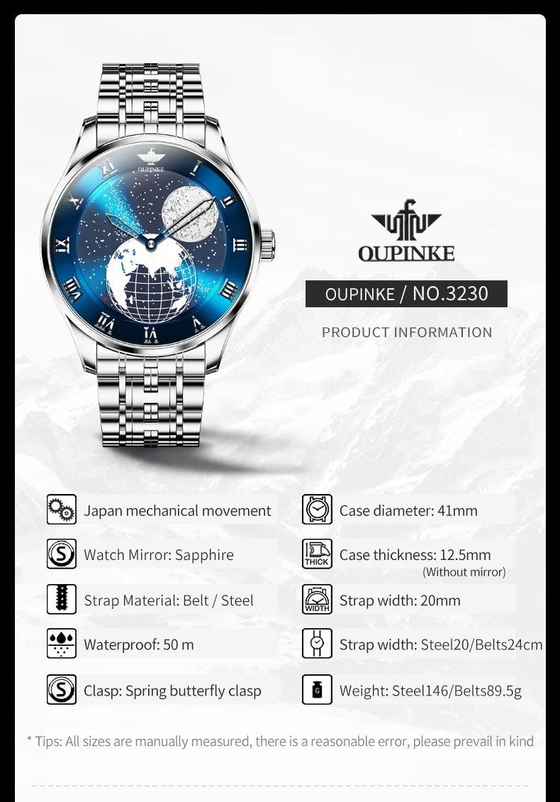 OUPINKE 3230 Men's Watches Flywheel Automatic Mechanical Original Wristwatch for Man Waterproof Luminous Perpetual Moon Phase - Uknowucme