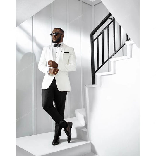 Formal Suits for Men's Wedding Shawl Lapel 2 Pieces White Jacket Black Pants Male Clothing Banquet Business Costume Homme - Uknowucme