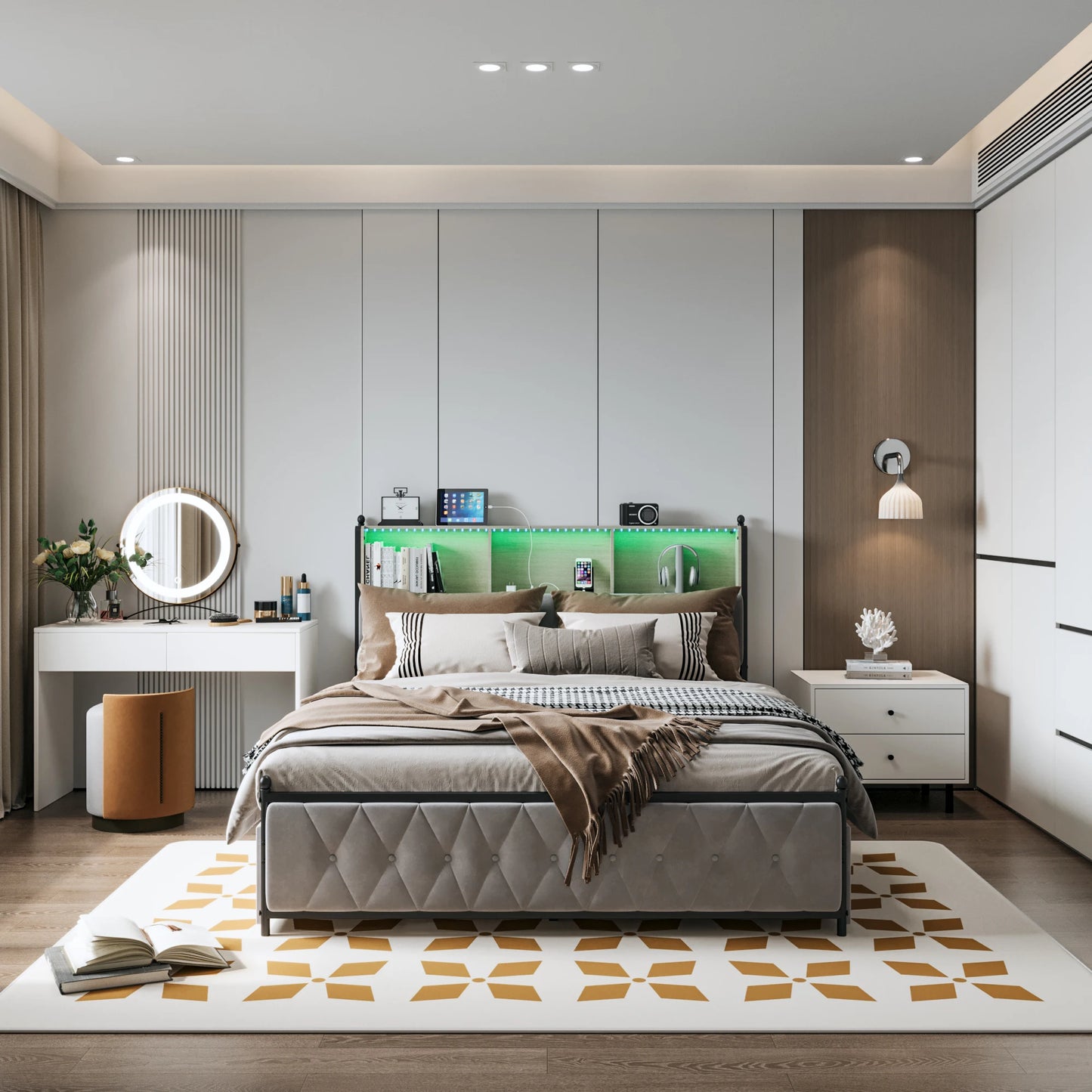 Upholstered Bed Frame with USB Charging Station and LED Lighting, Double Bed Storage Beds Functional Bed Frame with 4 Drawers