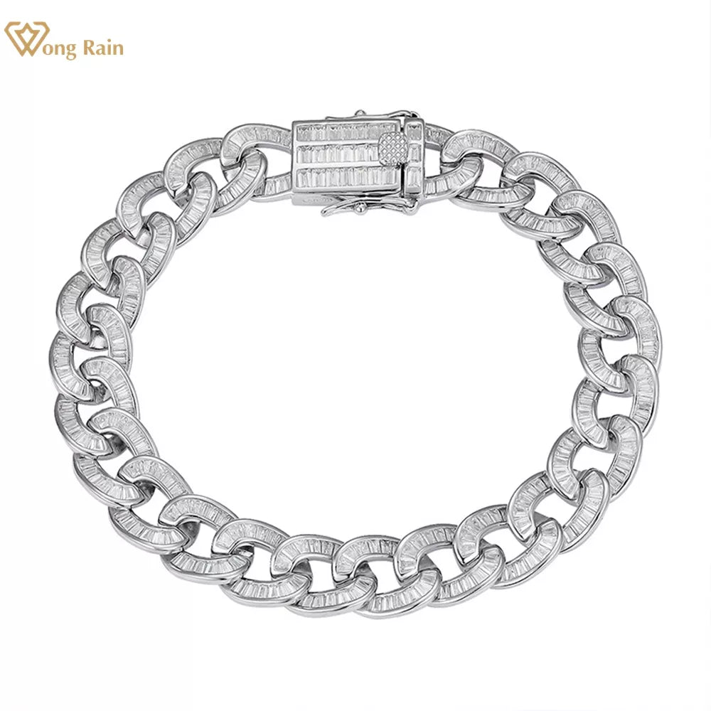 Wong Rain Hip Hop Rock 925 Sterling Silver 10MM Simulated Moissanite Gemstone Luxury Cuban Chain Bracelet Fine Jewelry Wholesale - Uknowucme