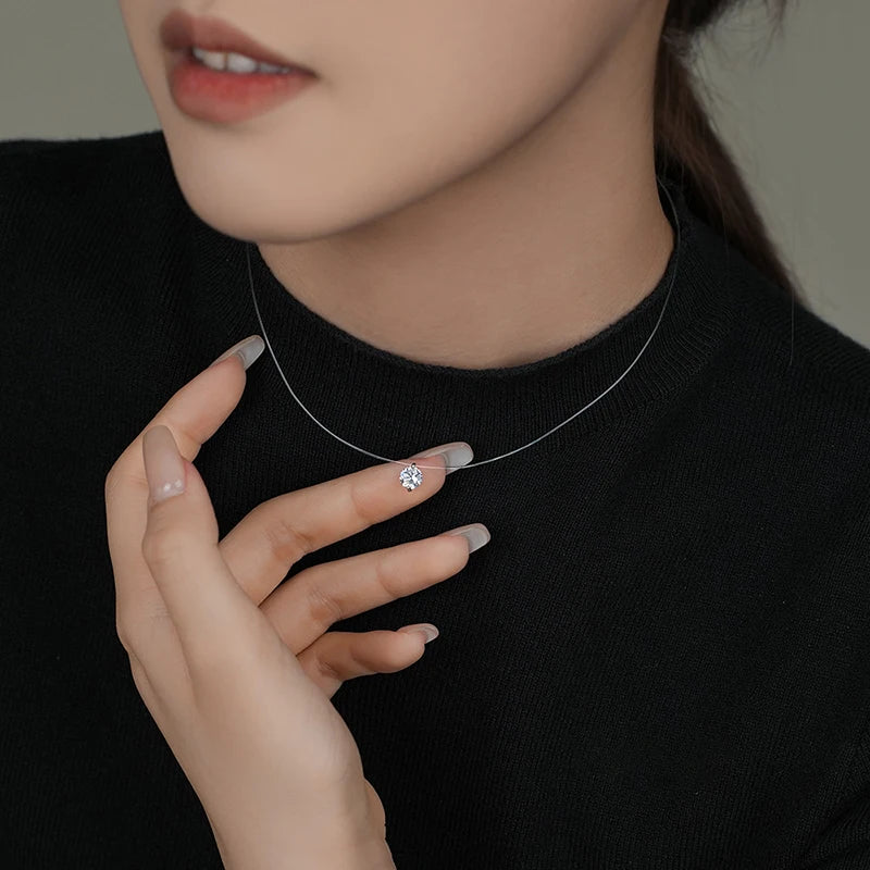 925 Silver 8mm 2ct Moissanite Pendant Necklace for Women Jewelry Adjustable Invisible Fish Line Chain Collar 1ct 0.5ct Diamond - Uknowucme