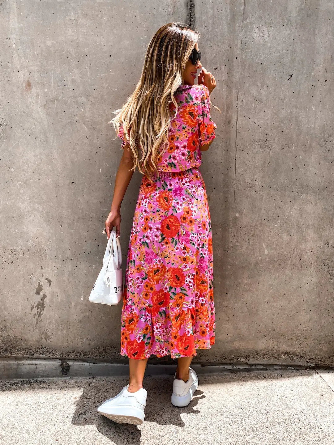 Summer Floral Print Dress Women V Neck Side Slit Long Dress Elegant Short Sleeve Button Slim Spring Female Party Dress Vestidos - Uknowucme