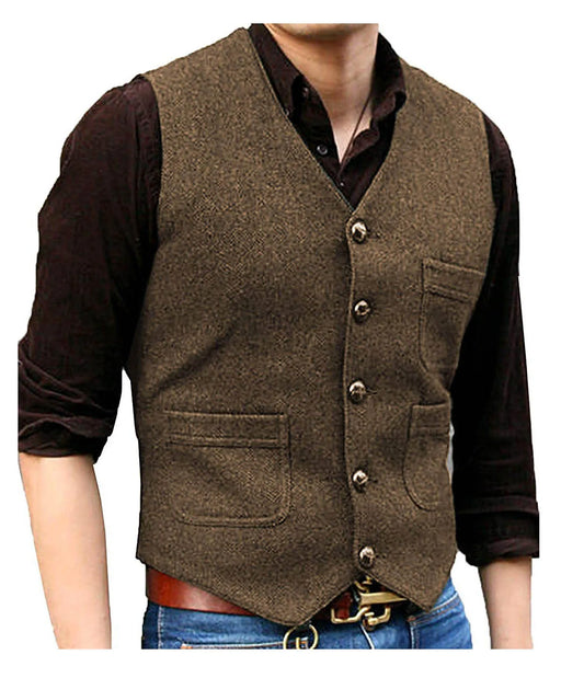 Men's Suit Formal V Neck Wool Herringbone Tweed Casual Waistcoat Formal Business Vest Groomman For Wedding Green/Black/Brown - Uknowucme
