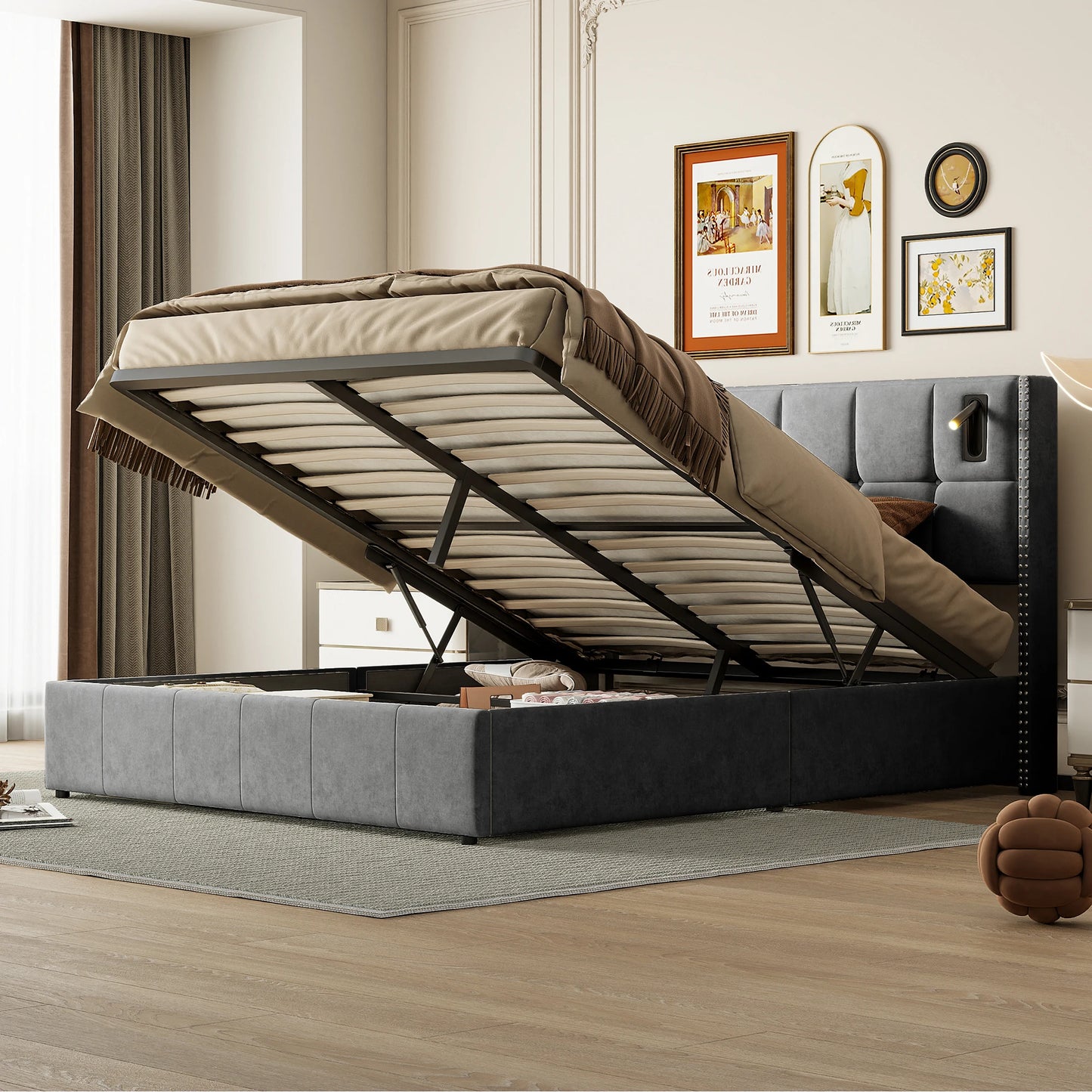 Double Bed 160x200cm, Upholstered Bed with USB & Reading Lamps, Bed Box, Storage Beds Bed Frame Velvet, Youth Bed with Headboard