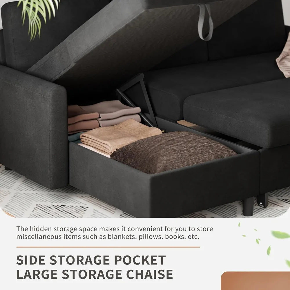 Walsunny L-Shaped Sectional Sleeper Sofa | Pull-Out Bed with Storage, Reversible Design