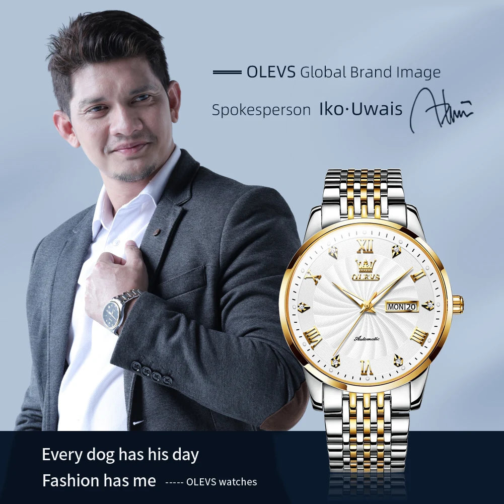 OLEVS Top Brand Automatic Mechanical Men Watch Threaded Dial Waterproof Stainless Steel Strap Classic Men's Watches Luxury