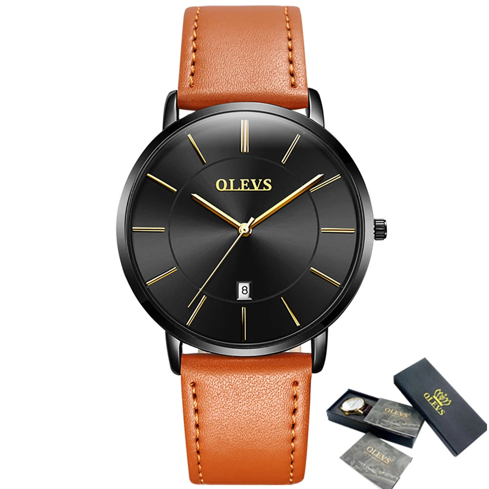 New In OLEVS Quartz Watch for Men Ultra Thin 6.5mm Minimalist Waterproof Date Bussiness Watch Fashion Leather Strap Men's Watch - Uknowucme