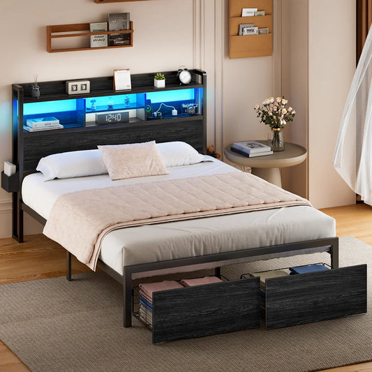 Full/Queen Size Bed Frame with Storage Headboard, Metal Platform Bed Frame with Storage Drawers, LED Lights and Charging Station - Uknowucme