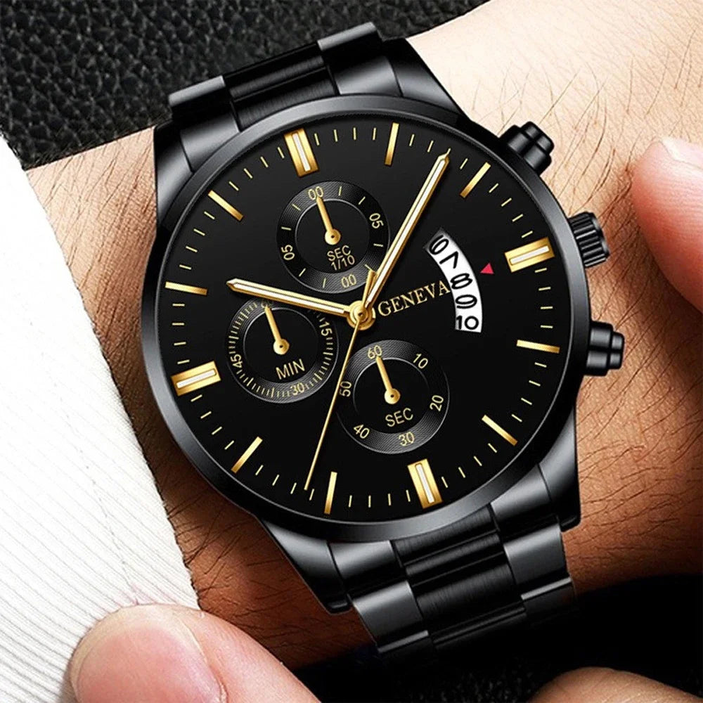 New Geneva Leisure Business Men's Watch Fashion Three Eyes Military Quartz Watch Stainless Steel Waterproof Gentleman Wristwatch - Uknowucme