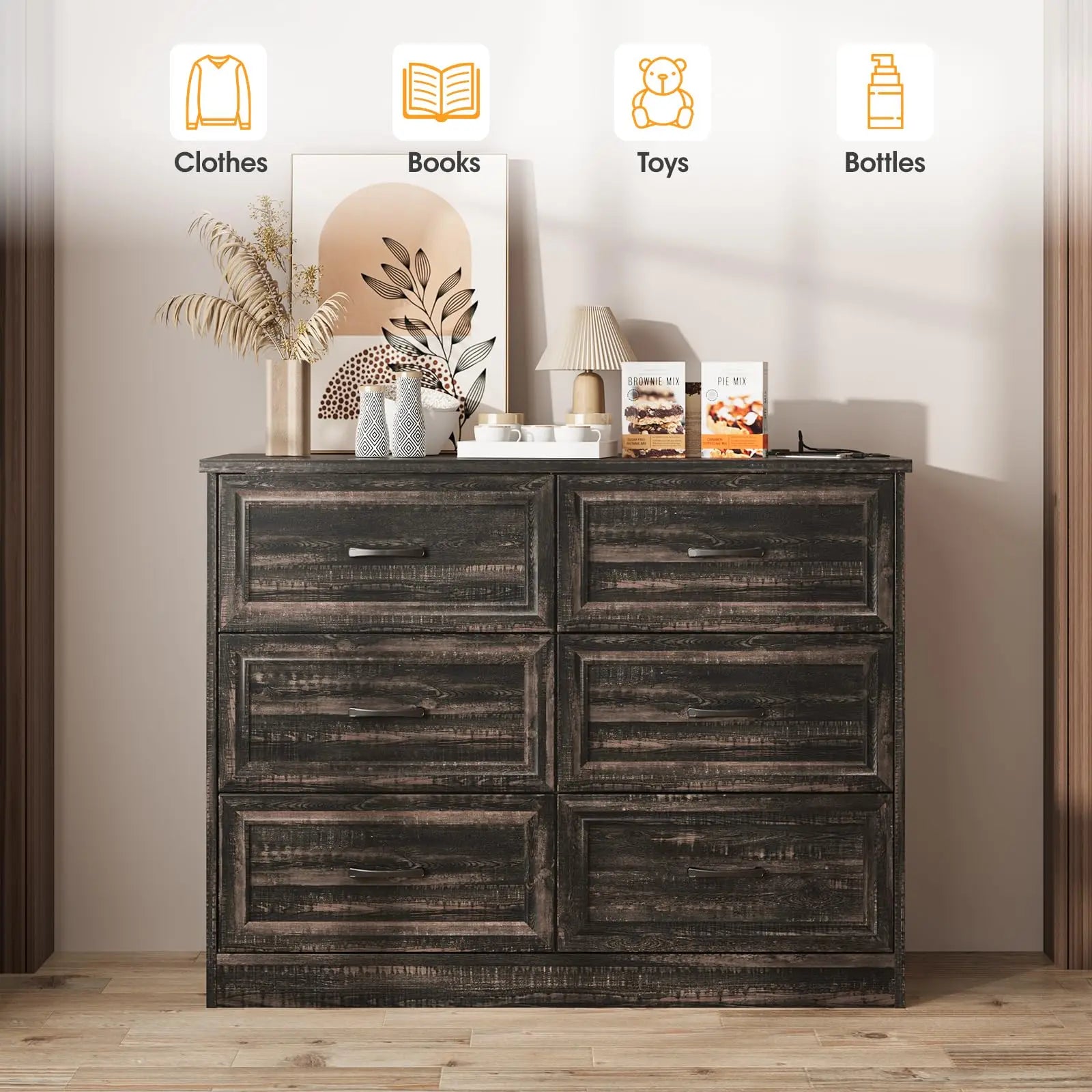 Vabches 6 Drawer Dresser for Bedroom Wood Chest of Drawers with Power Strip Tall Dresser Organizer with Metal Handle for Hallway - Uknowucme