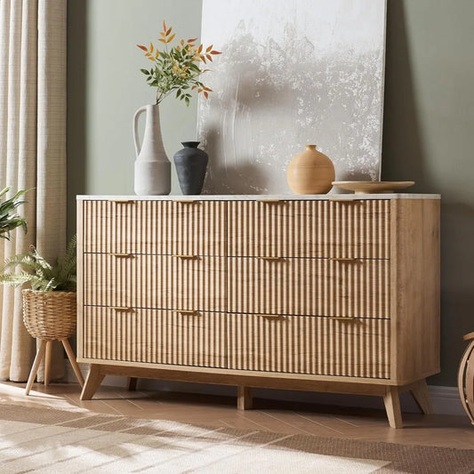 Fluted 6 Drawers Dresser, 54" Wide Modern Chest of Drawers with Faux Marble Top, Curved Profile Design - Uknowucme