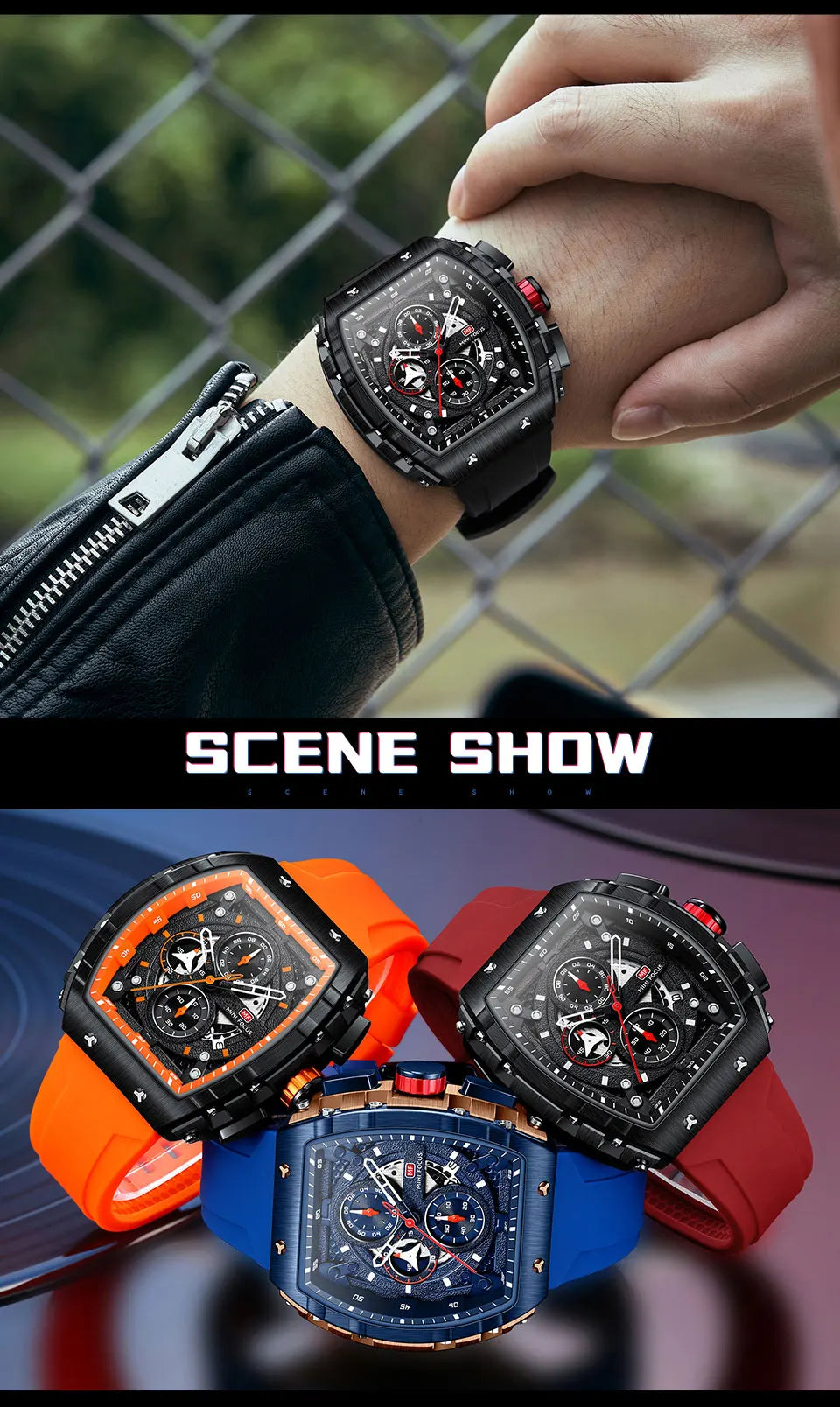 MINI FOCUS Chronograph Quartz Watch for Men Tonneau Dial Military Sport Wristwatch with Orange Silicone Strap Auto Date 0399 - Uknowucme