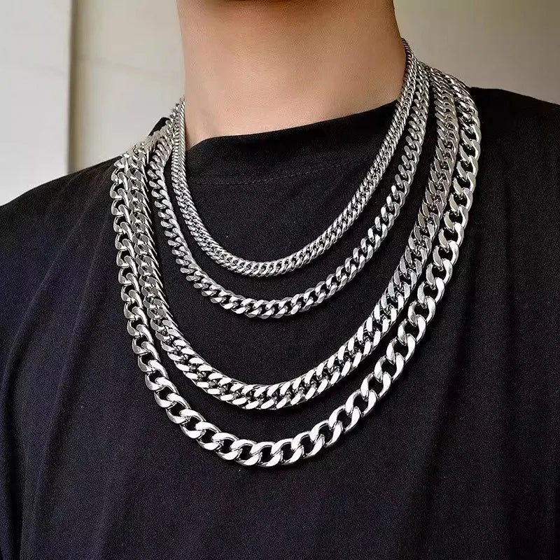 Men Punk Stainless Steel 3/5/7mm Curb Cuban Necklaces for Women Black Silver Color Link Chain Chokers Solid Color Metal Jewelry