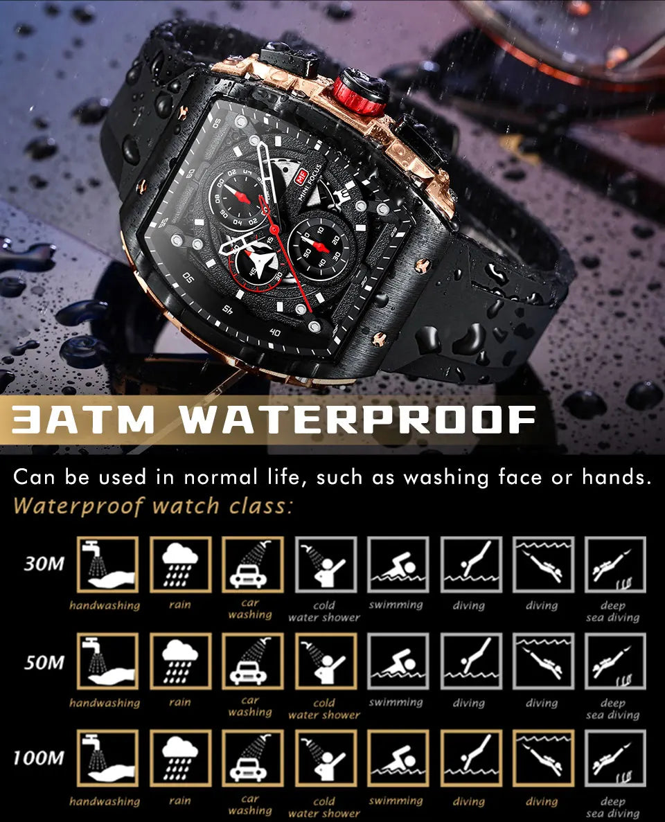MINI FOCUS Chronograph Quartz Watch for Men Tonneau Dial Military Sport Wristwatch with Orange Silicone Strap Auto Date 0399 - Uknowucme