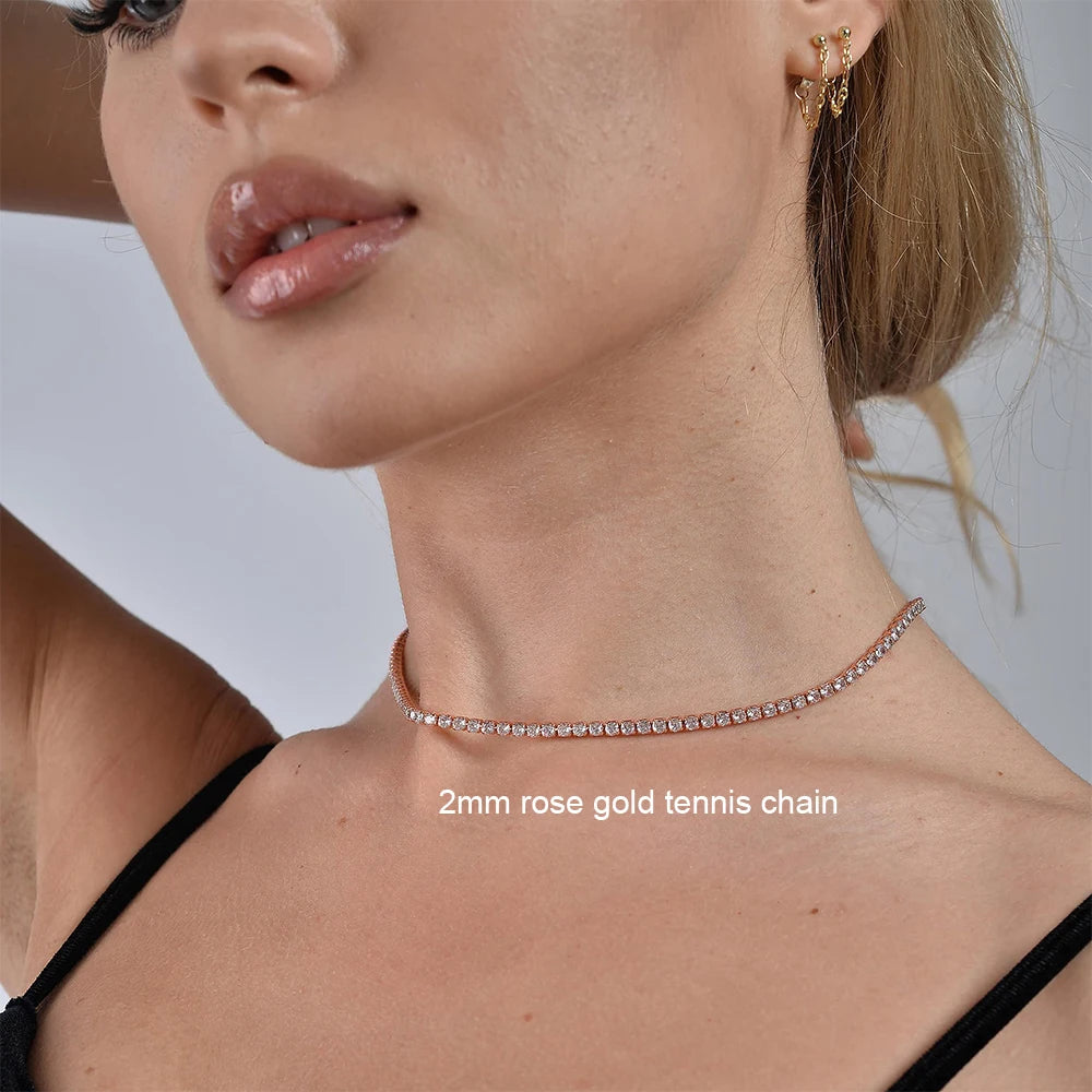 2mm Moissanite Tennis Necklace For Women S925 Silver Plated 18K Gold Sparking Rhinestone Choker Chain Wedding Jewelry Adjustable - Uknowucme