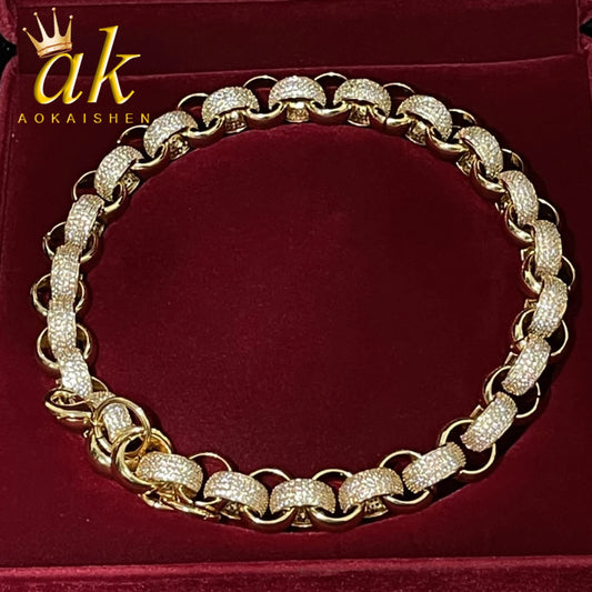 Aokaishen Circle Cuban Link Bracelet Men Copper Chain Iced Out Cubic Zirconia Rapper Rock Hip Hop Jewelry