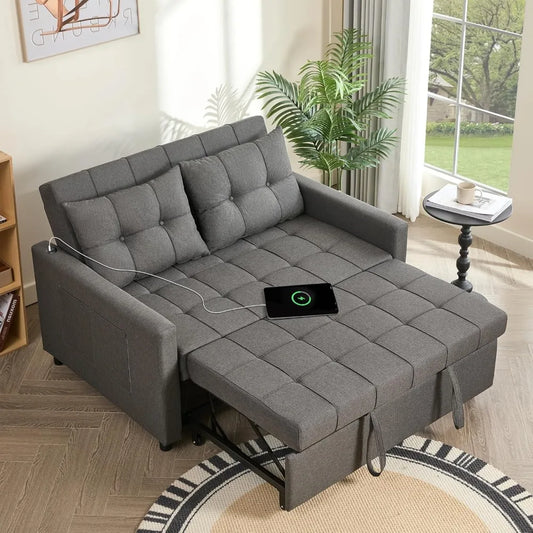 52" Sleeper Sofa with Pull-Out Bed, 3-in-1 Convertible Sofa Bed, Loveseat with Stepless Adjustable Backrest and Side Pocket - Uknowucme