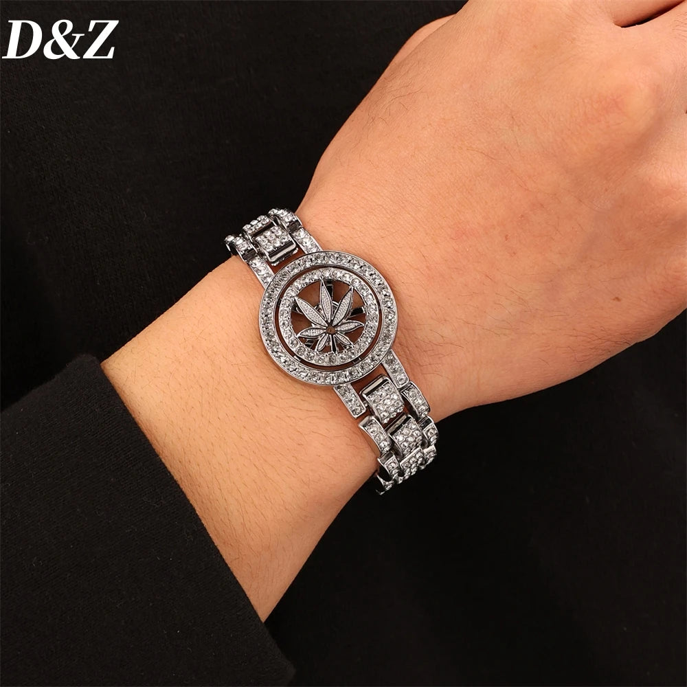 D&Z Hip Pop Full Iced Out CZ Stones Hand Watch Chain Bracelet For Men Rotating Leaves Bling Rhinestone Charm Hand Jewelry Gift