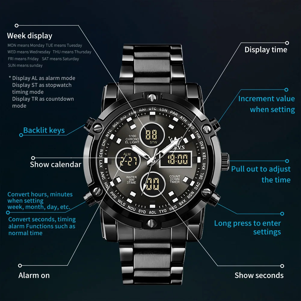 OLEVS Original Brand Men's Watches Waterproof Trendy Electronic Watch Multifunctional LED Luminous Fashion Stainless Steel - Uknowucme