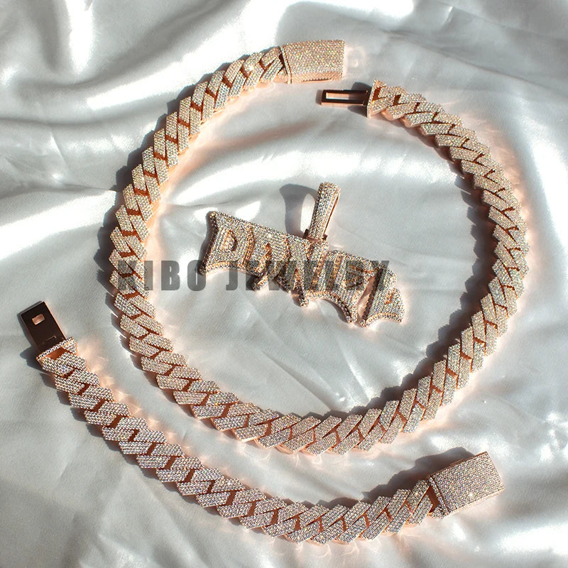 KIBO Jewelry Set 925 Sterling Silver Iced Out Rose Gold Plated 18mm Width Moissanite Cuban Link Chain