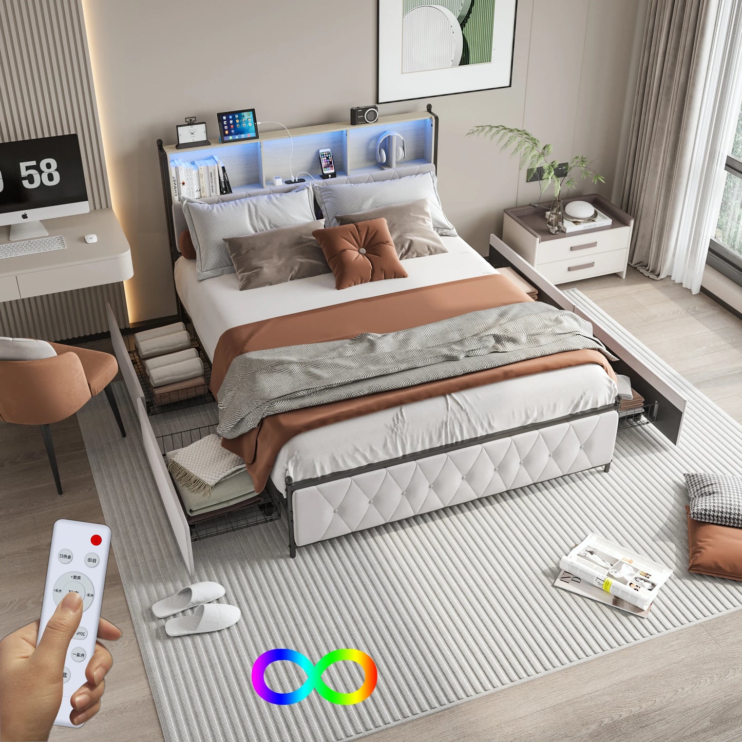 Upholstered Bed Frame with USB Charging Station and LED Lighting, Double Bed Storage Beds Functional Bed Frame with 4 Drawers