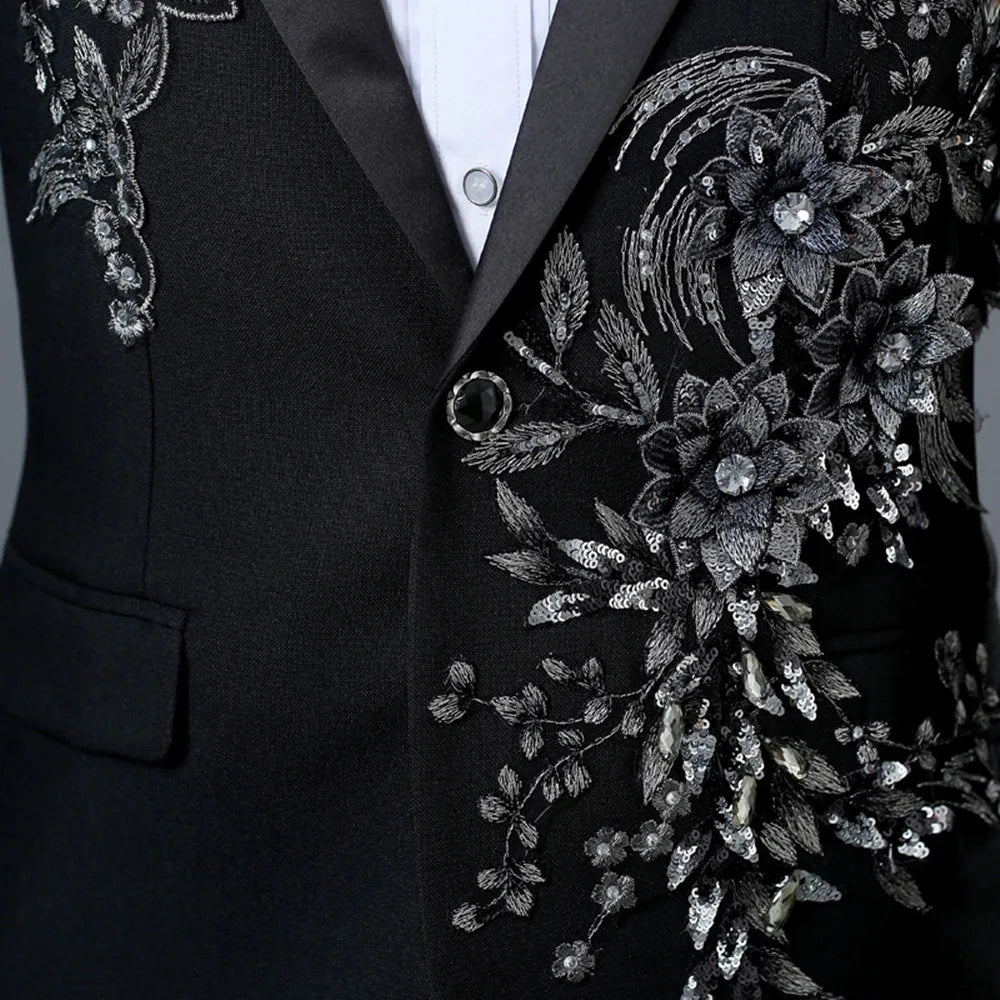 Elegant Appliqued Two-piece Men's Suit for Wedding Banquet Host Dance Prom Christmas Costume Men Blazer Chinese Style - Uknowucme