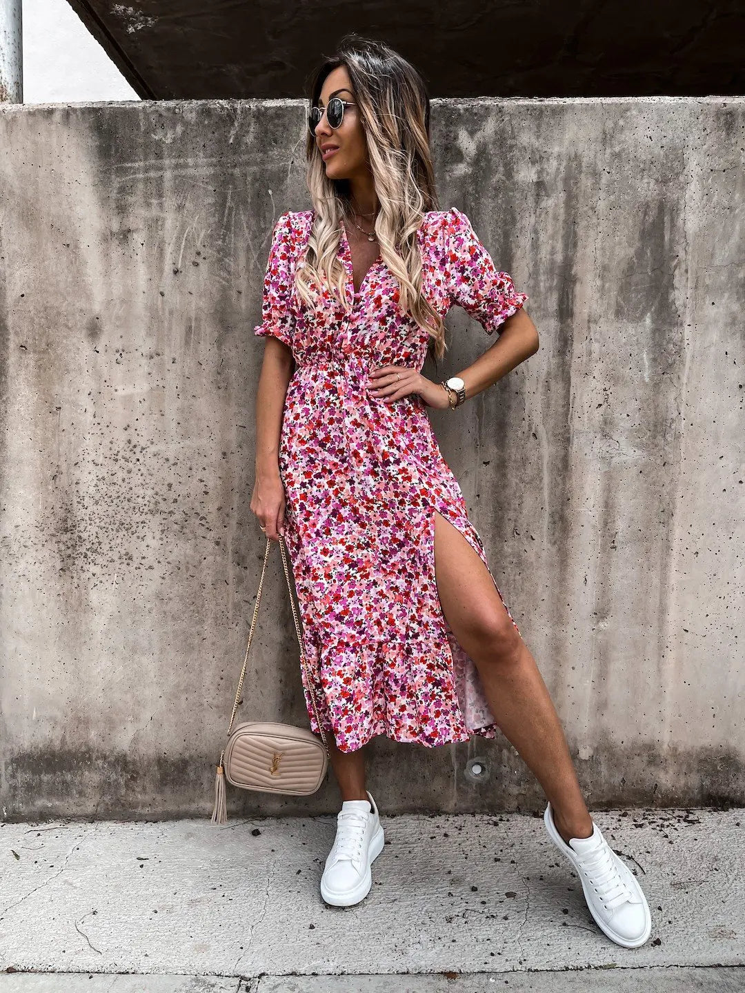 Summer Floral Print Dress Women V Neck Side Slit Long Dress Elegant Short Sleeve Button Slim Spring Female Party Dress Vestidos - Uknowucme