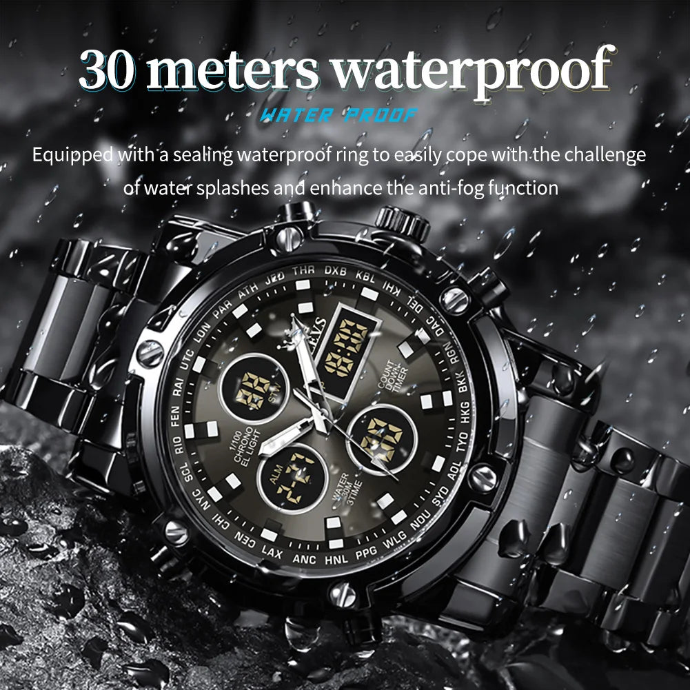 OLEVS Original Brand Men's Watches Waterproof Trendy Electronic Watch Multifunctional LED Luminous Fashion Stainless Steel - Uknowucme