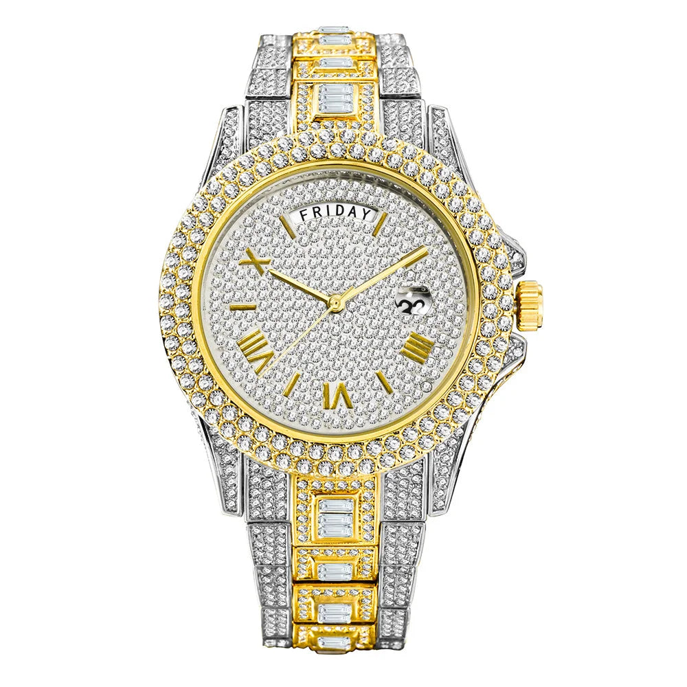 Bubble Letter DAY DATE ROMAN NUMERALS VVS Man ICED OUT WATCH Relogio Masculio - Uknowucme