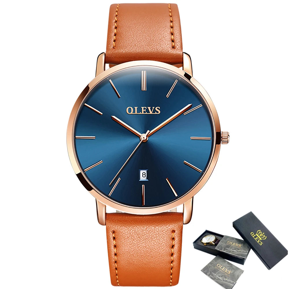 New In OLEVS Quartz Watch for Men Ultra Thin 6.5mm Minimalist Waterproof Date Bussiness Watch Fashion Leather Strap Men's Watch - Uknowucme