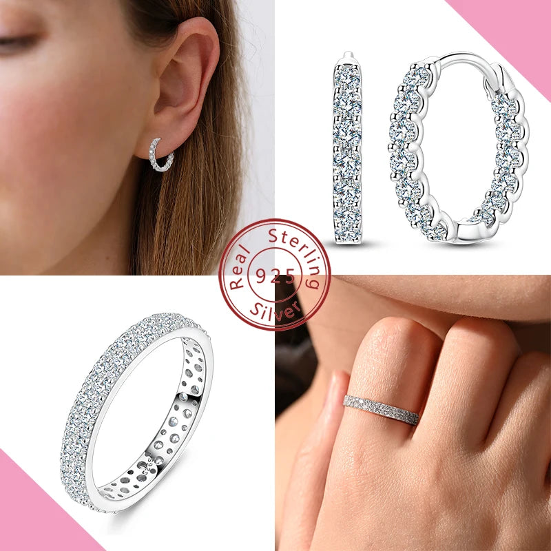 Moissanite Earring&Ring 925 Sterling Silver For Women Brilliant Diamond Wedding Engagement Jewelry - Uknowucme