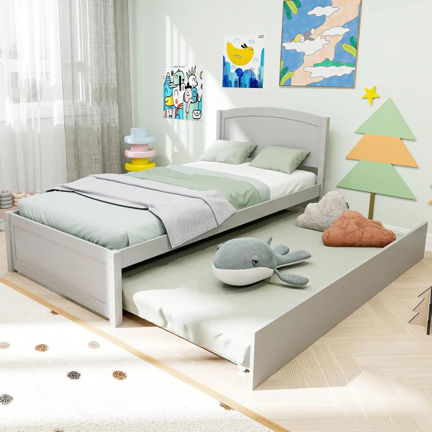 Twin Trundle Bed, Solid Wooden Pull Out Bedframe, Extendable Day Bed with Headboard and Soild Wood Slats Support, Bedroom