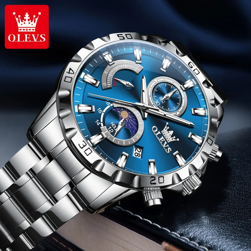 OLEVS 2953 Exclusive Design Men's Watches Full Stainless steel Moon Phase Waterproof Chronograph Quartz Watch for Men Genuine - Uknowucme