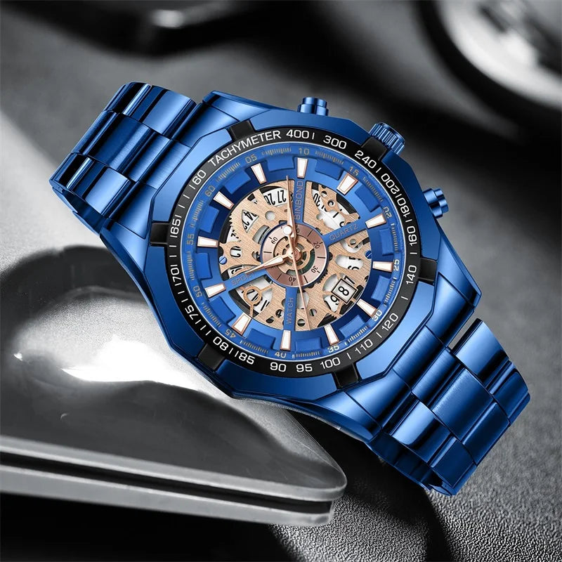 2025 Mens Quartz Watches Top Brand Luxury Stainless Steel Waterproof Hollow Out Blue Big Male Wristwatches Relogio Masculino - Uknowucme