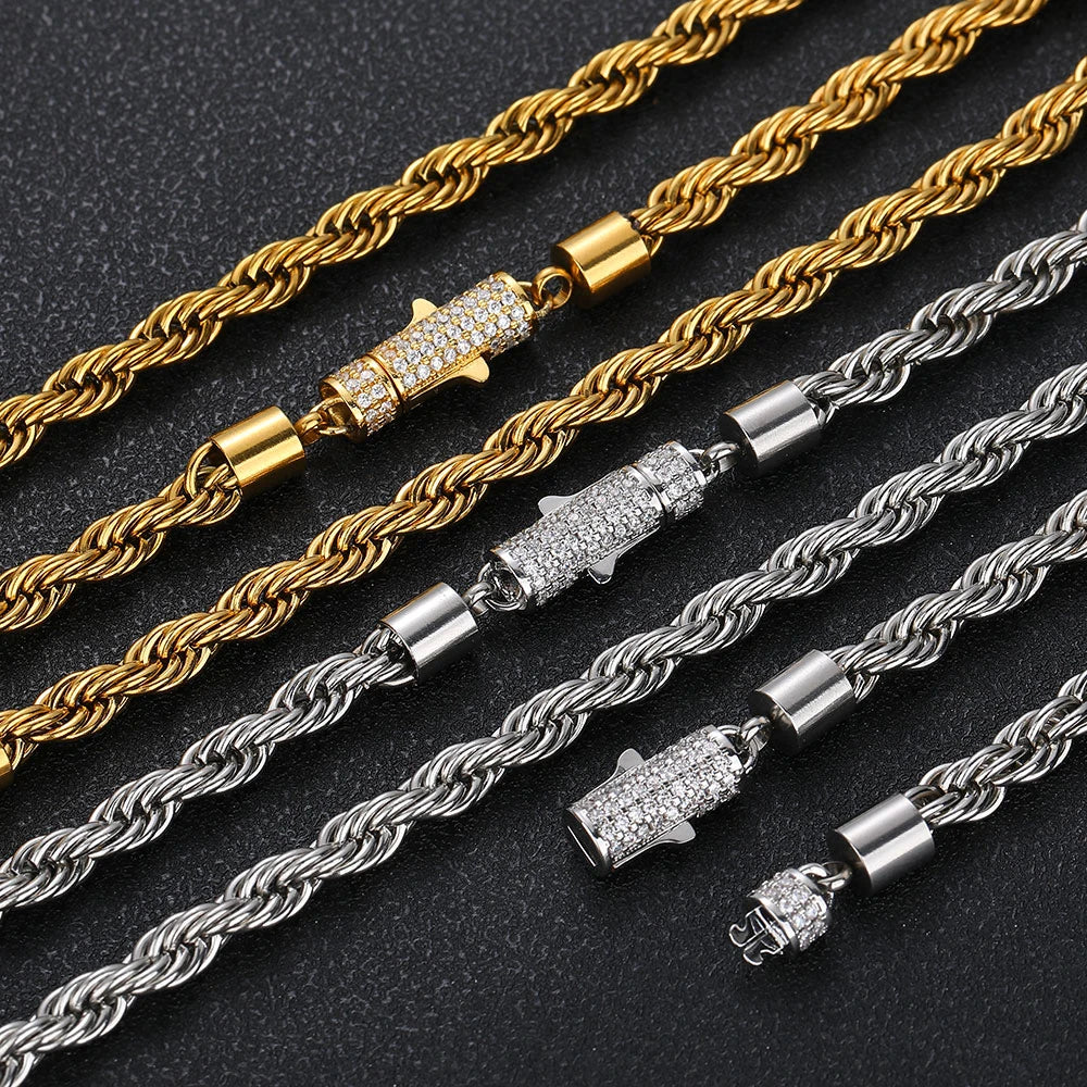 New Style 6mm Iced Out Clasp Rope Chain Stainless Steel Twist Rope Chain Necklace Jewelry For Women Drop Shipping - Uknowucme