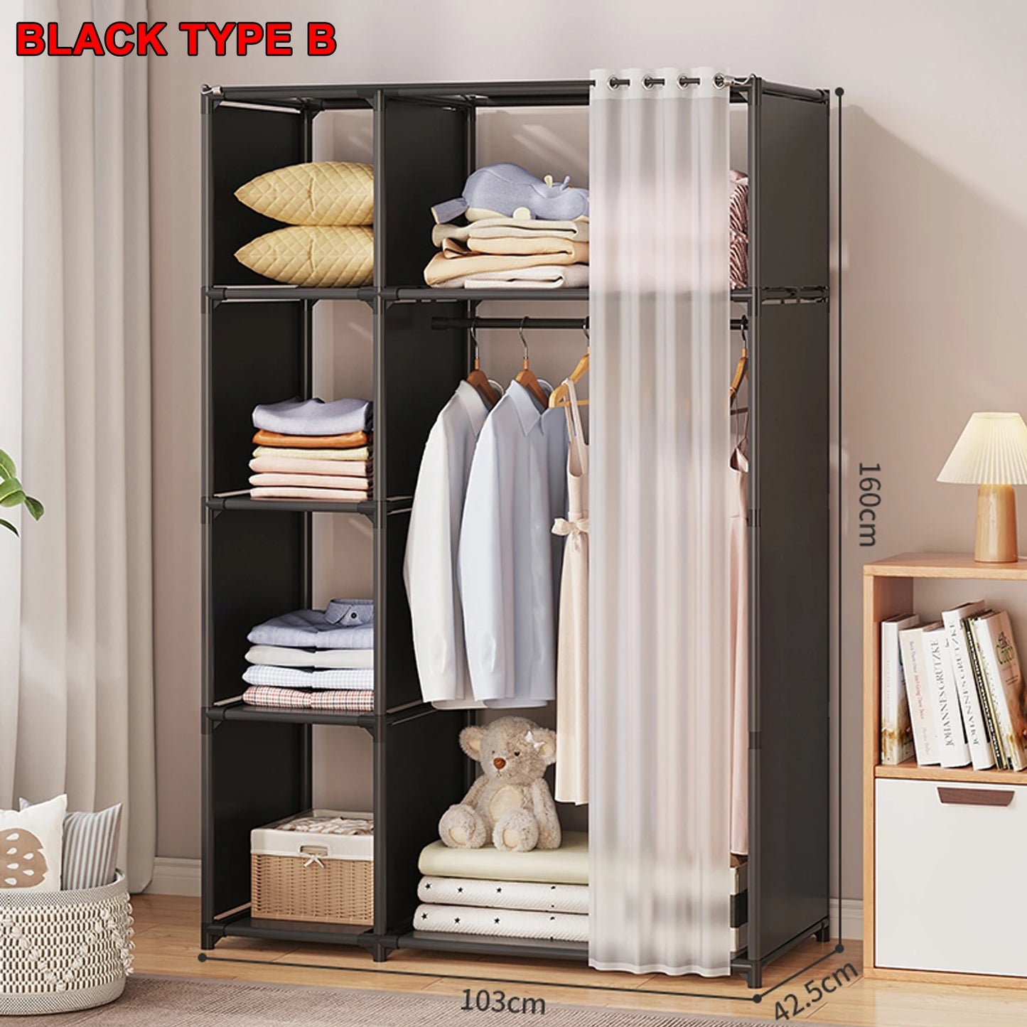 Wardrobe Rack Dustproof Cloth Closet Organizers Cabinet Large Capacity Heavy Duty Simple Assembly Bedroom Hanger Storage Shelves