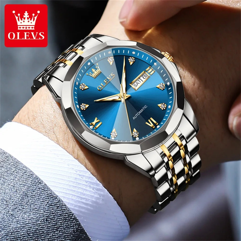 OLEVS 9982 Men's Watches Rhombus Mirror Original Automatic Mechanical Watch for Man Waterproof Stainless Steel Wristwatch Male