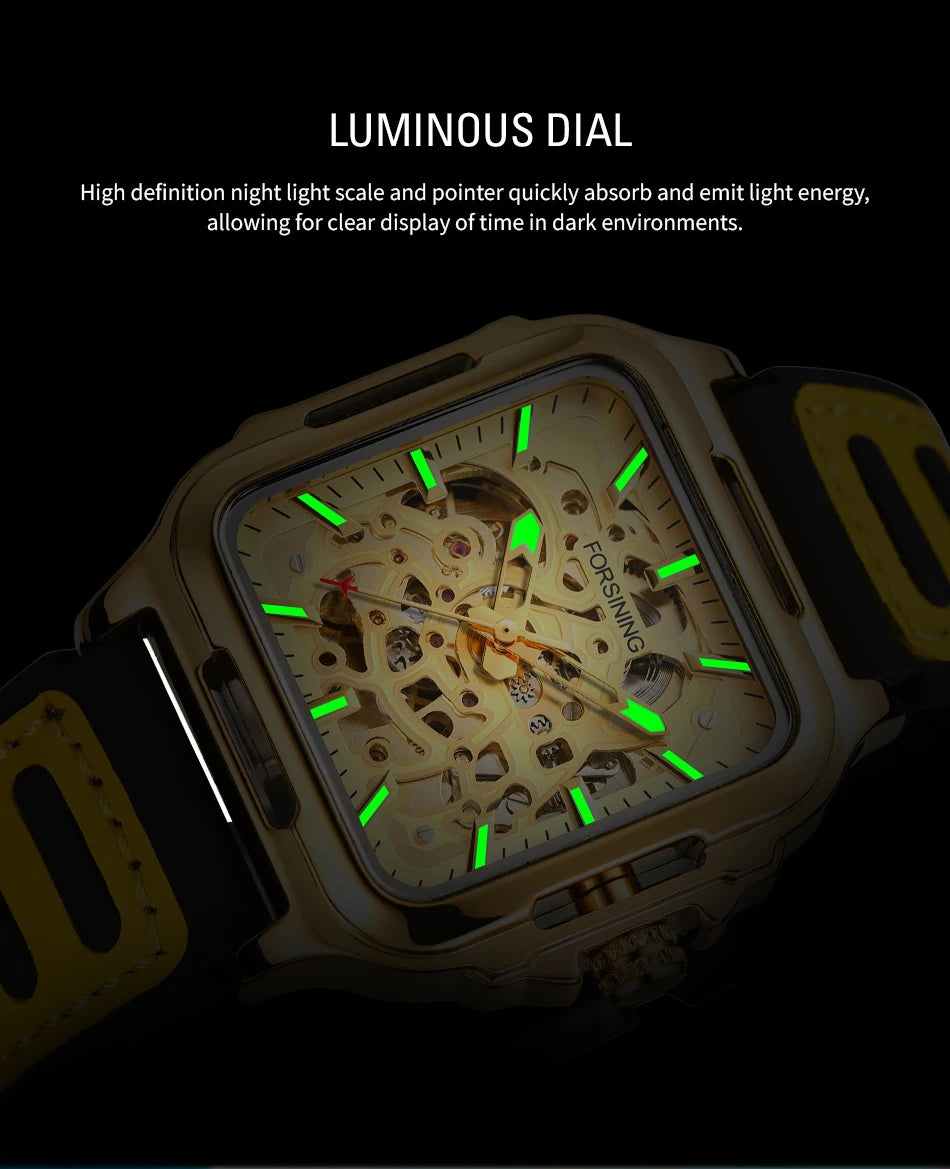 FORSINING Original Square Skeleton Mechanical Man Wristwatches Automatic Movement Field Sports Waterproof Silicone Replica Watch - Uknowucme