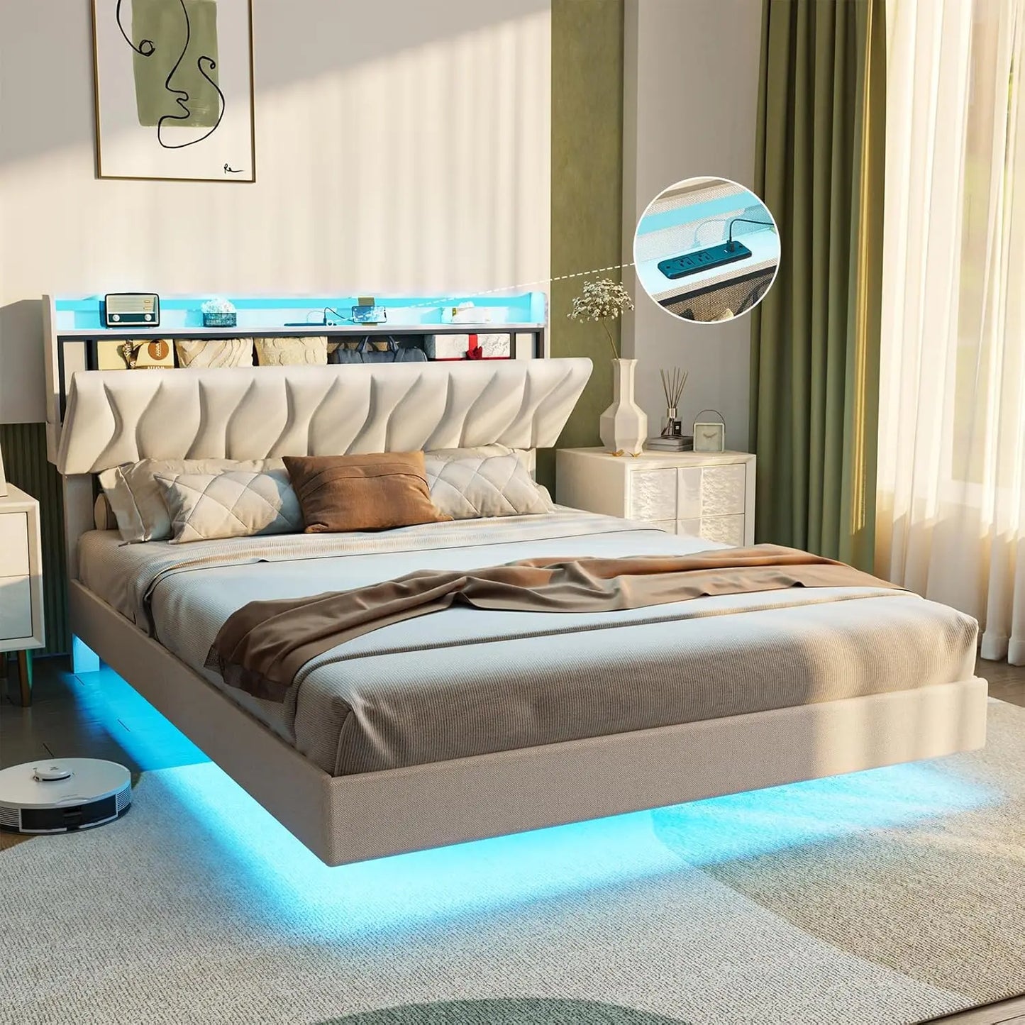 Vabches Floating Queen Bed Frame With Storage Headboard&LED Light Bed Frame with Charging Station Upholstered Platform Bed Frame - Uknowucme