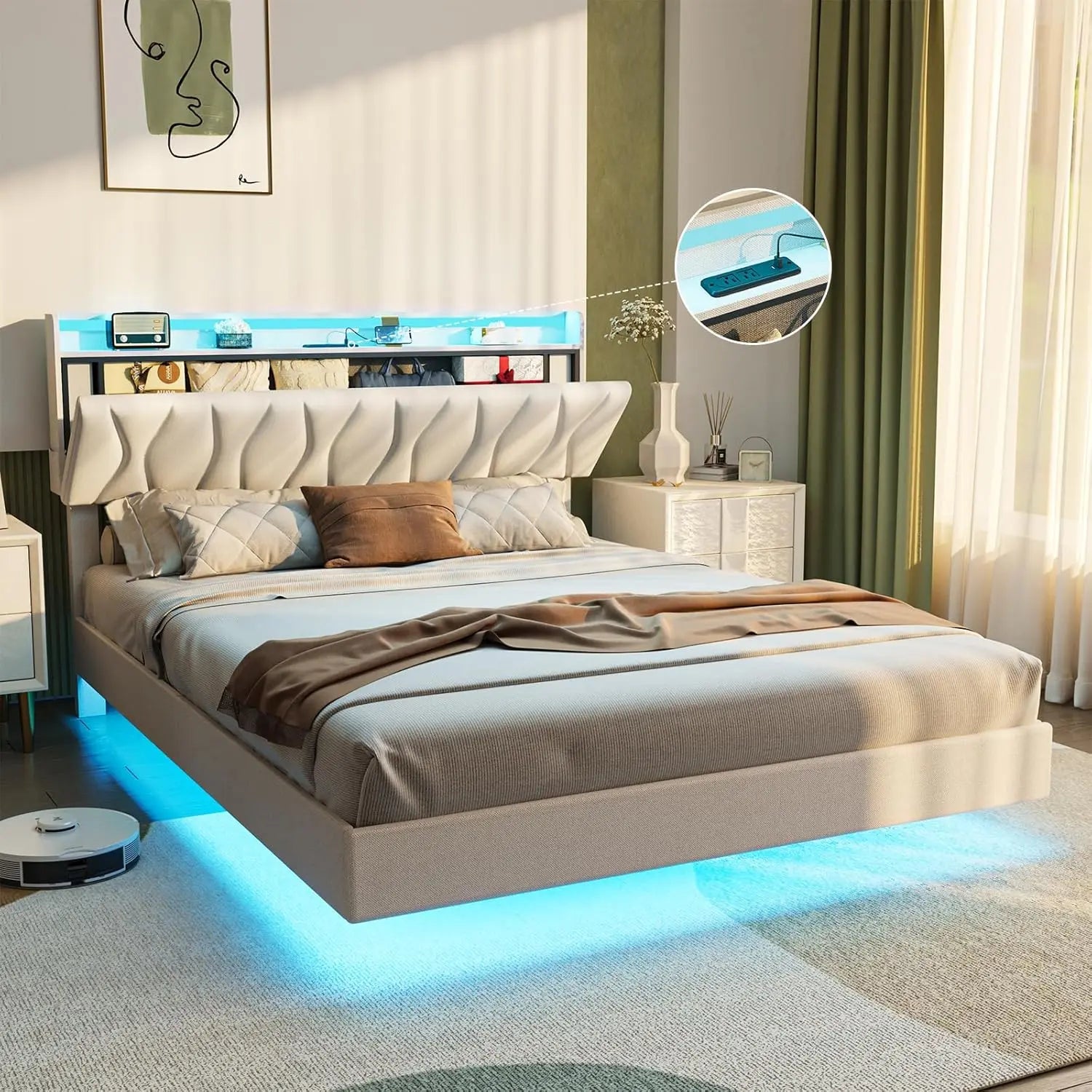 Vabches Floating Queen Bed Frame With Storage Headboard&LED Light Bed Frame with Charging Station Upholstered Platform Bed Frame - Uknowucme