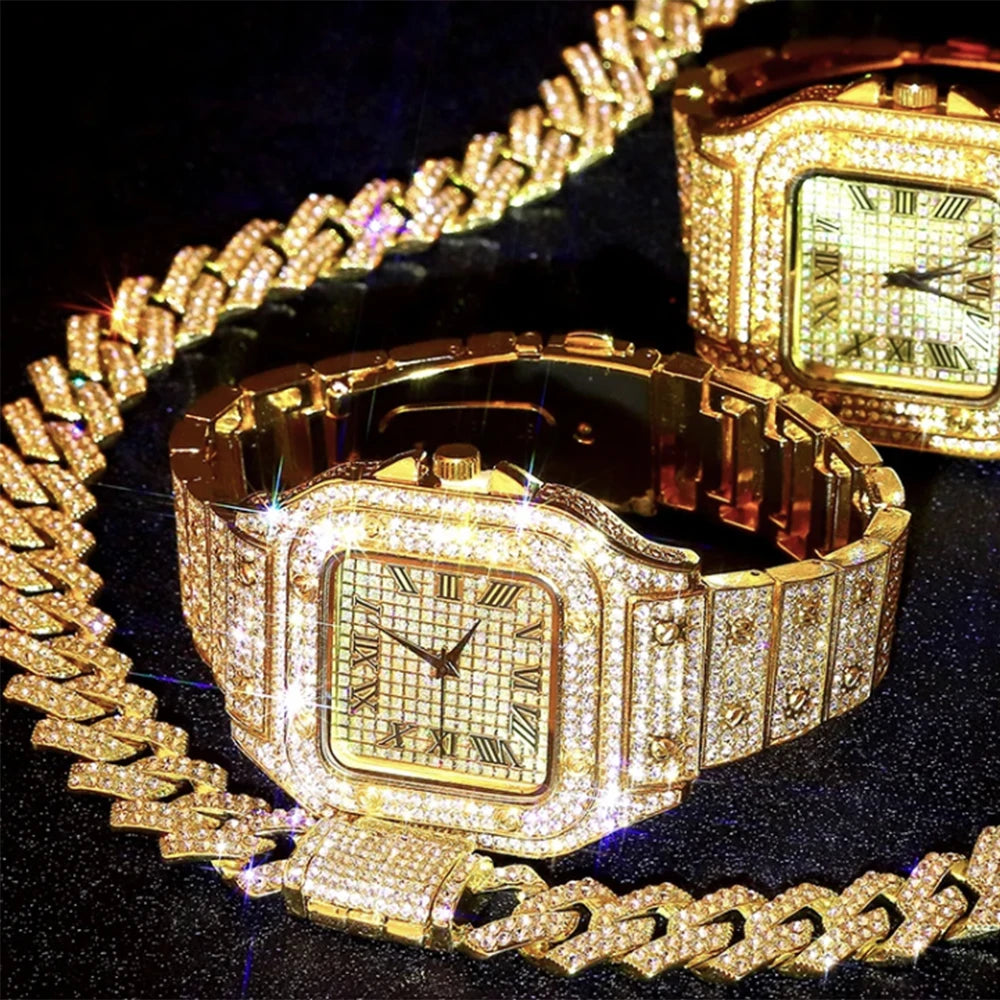 3pcs Men's Watch Set Hip-hop Punk Inlay Diamond Square Watch+Cuban Chain+Bracelet Comes With Strap Adjuster Stylish Jewelry Gift - Uknowucme