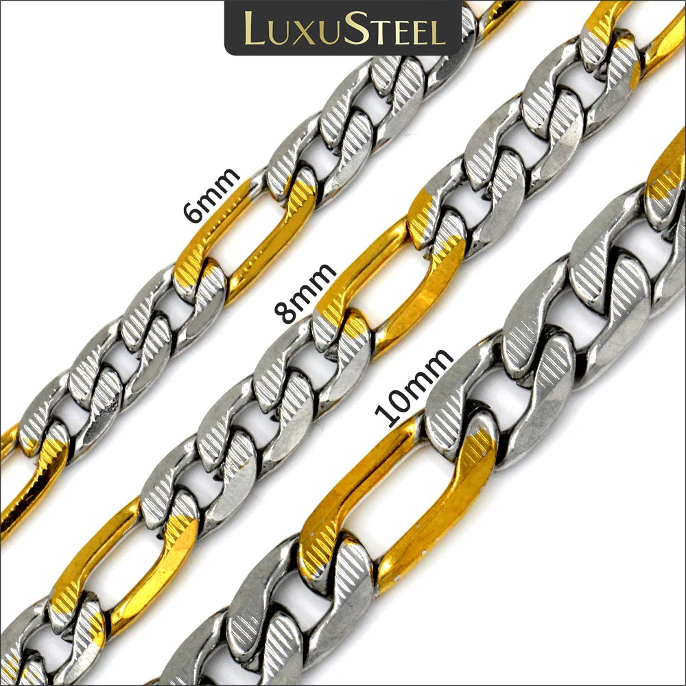 LUXUSTEEL Men's Figaro NK Chain Necklace 6/8/10MM Stainless Steel Golden Mixed Silver Color Curb Link For Women Jewelry Gift - Uknowucme