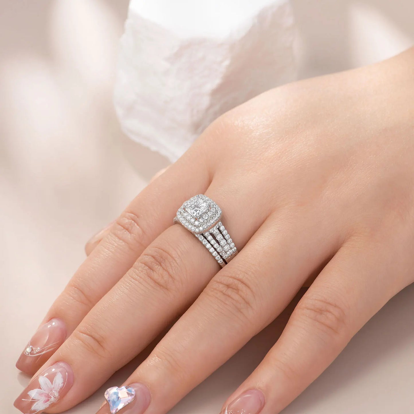 Newshe Luxury 925 Sterling Silver Halo Wedding Ring Set for Women Elegant Jewelry Princess Cross Cut Simulated Diamond Rings - Uknowucme