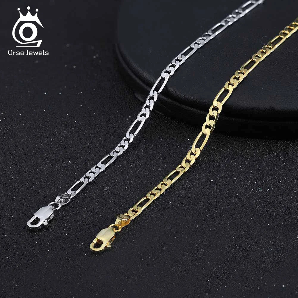 ORSA JEWELS Real 925 Sterling Silver Figaro Bracelets for Women 14K Gold Plated 3.3mm Figaro Link Chain Bracelets Jewelry SB66 - Uknowucme