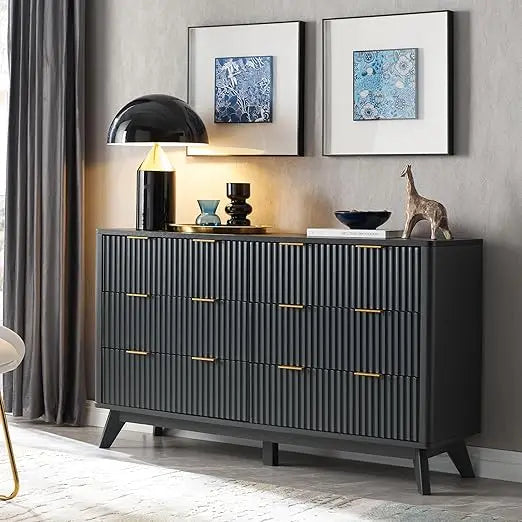 Fluted 6 Drawers Dresser, 54" Wide Modern Chest of Drawers with Faux Marble Top, Curved Profile Design - Uknowucme