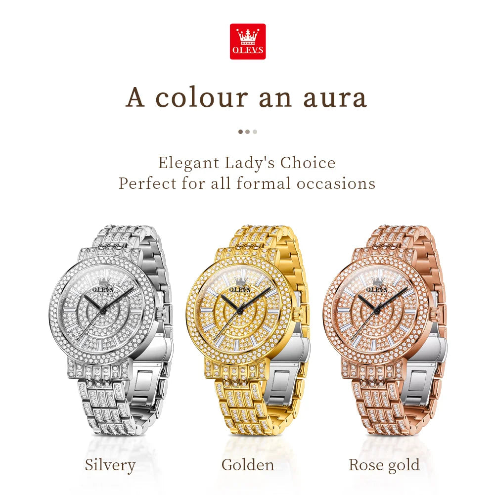 OLEVS Top Original Brand Women's Watches Elegant Luxury Full Diamond Quartz Watch for Lady's Waterproof Silver Female Wristwatch - Uknowucme